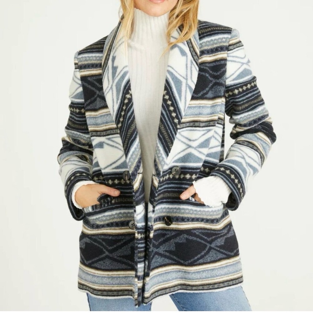 Driftwood Coat Women's Medium Blue Combo Fleece Blazer Jacket Southwestern Aztec